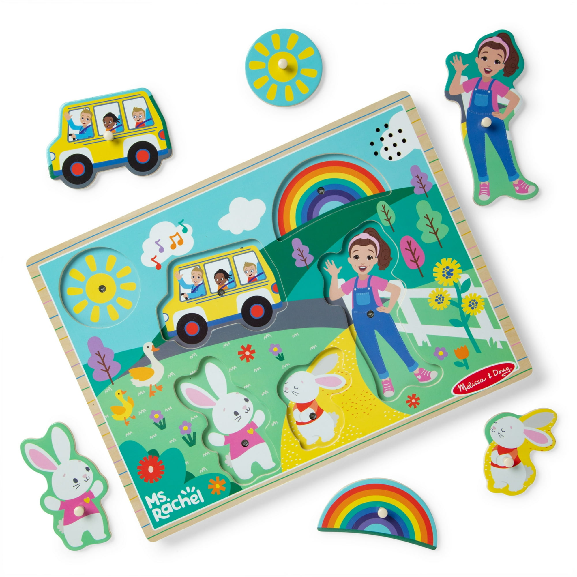 Ms. Rachel™ Melissa & Doug® Wooden Song Peg Puzzle, 6-Piece with Full Songs, Toddler Toys for Boys and Girls Ages 2-5+ Years - FSC Certified