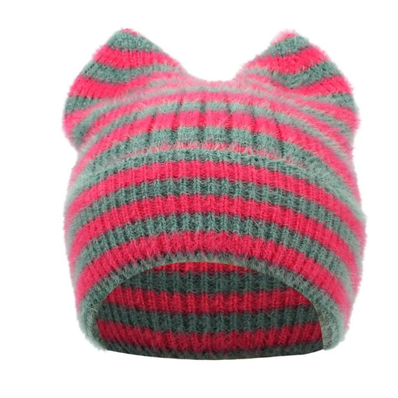 Gray Striped Cat Ear Knitted Hat With Warm Ear Protection, Soft Stretchy Fabric For Kids And Women Winter Wear 12.5X9.5X4.2In 0.55Lb