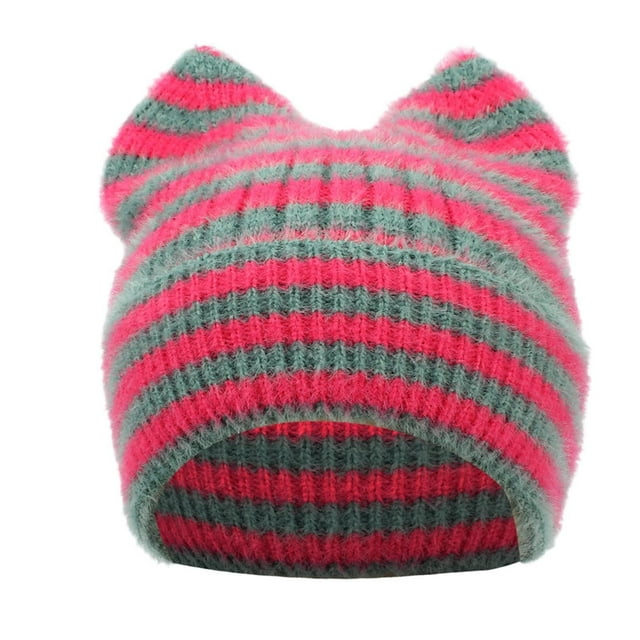 Gorro de lana con orejas de rayas y forma de pan al vapor para niños, gorro de invierno grueso con protección para las orejas, gorro de mujer