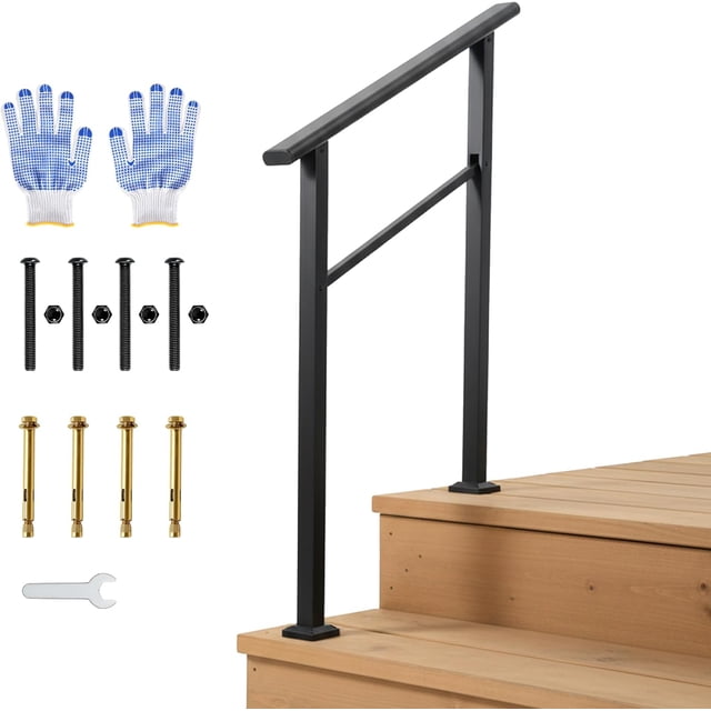 2-Step Outdoor Stair Handrail Kit Black Aluminum and Iron Construction Adjustable 0 -45 Angle Easy DIY Installation with All Hardware and Gloves Included
