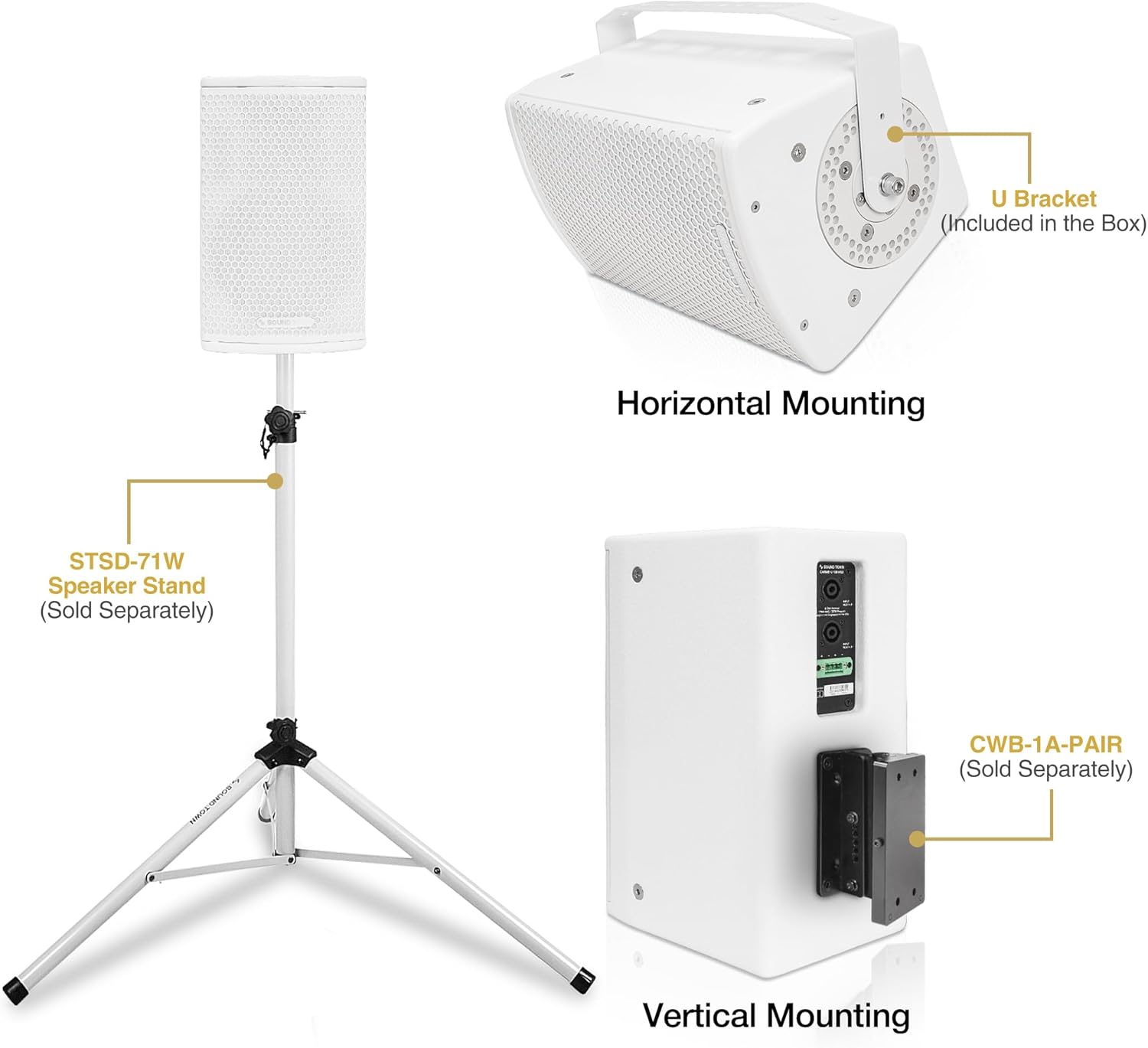 Sound Town CARME Series 8" 350W 2-Way Professional PA DJ Speaker, White with Compression Driver, Rotatable Horn, Birch Plywood, U Bracket for Installation, Live Sound, Karaoke, Bar (CARME-U108WG3)