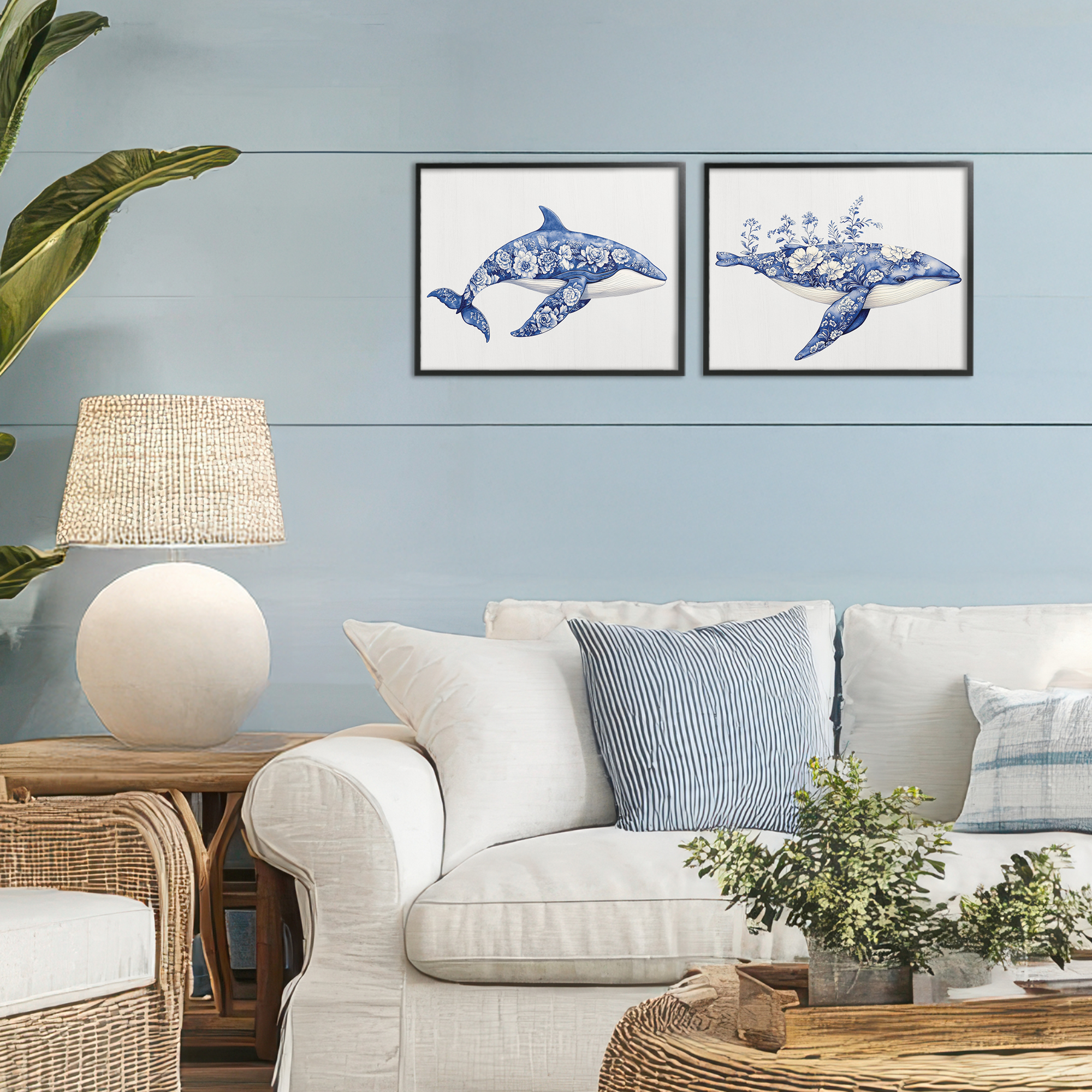 Blooming Toile Pattern Whales 2 Piece Black Framed Giclee Art Set, design by Lettered and Lined