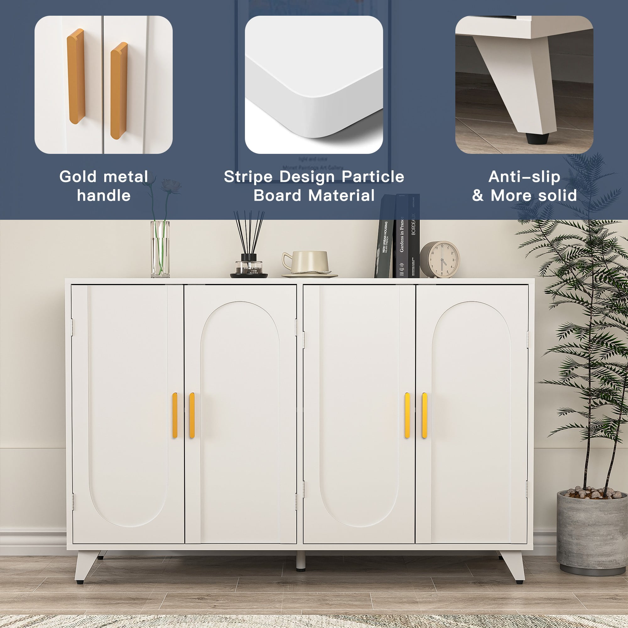 Finihen Sideboard Buffet Cabinet with 4 Doors, Removable Shelves, for Living room, Dining room, Entryway, White