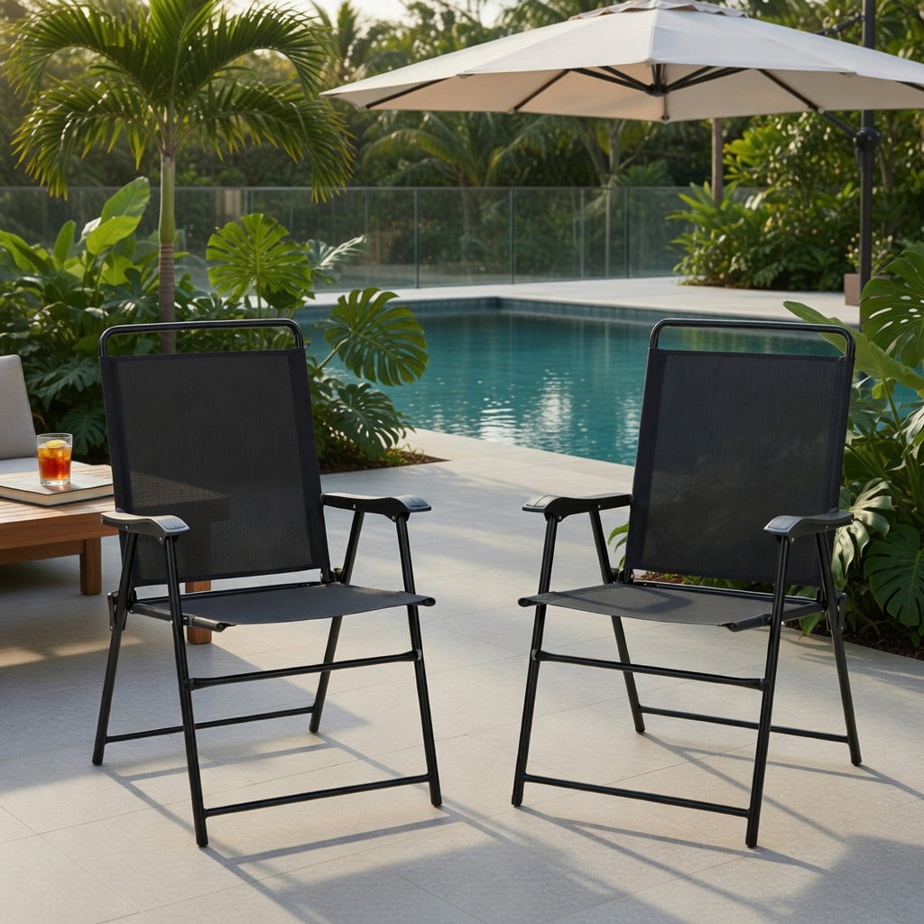 Hommoo 4-Pack Portable Outdoor Folding Chairs with Armrests, Heavy-Duty Steel Frame, Breathable Fabric, Compact Foldable Design for Patio, Garden & Balcony, Gray