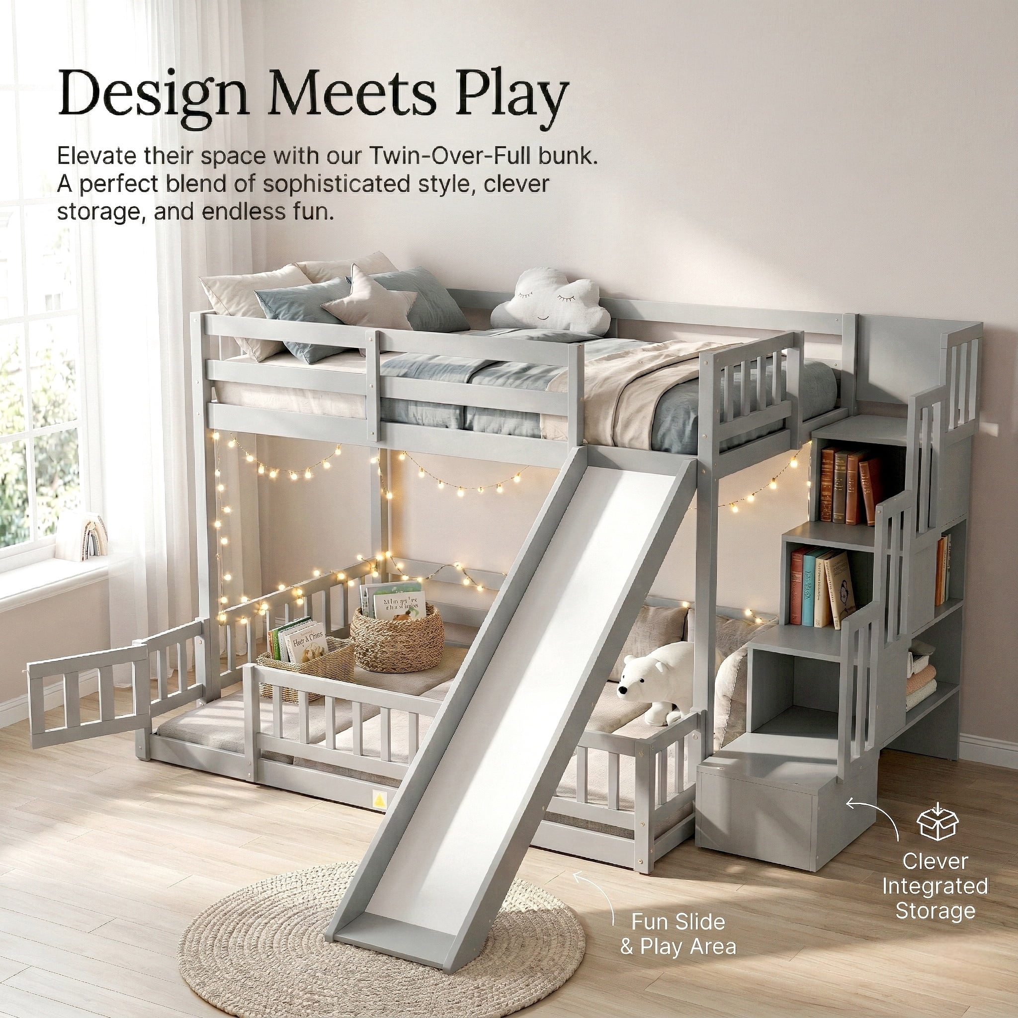 Mintazer Twin Over Full Bunk Bed with Slide & Storage Staircase, Kids Floor Bunk Bed with Guardrails, Gray