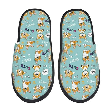 Balery Cute Dogs Corgi Slient Indoor Furry Fleece Comfort House Shoes Soft Non-Slip Home Shoes Cotton slippers House Slippers-- Large