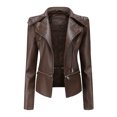 thumbnail image 2 of CILENON Long Jackets for Women Trendy Women Cool Faux Leather Jacket Long Sleeve Zipper Fitted Coat Fall Short Jacket (Brown,XXXL), 2 of 9