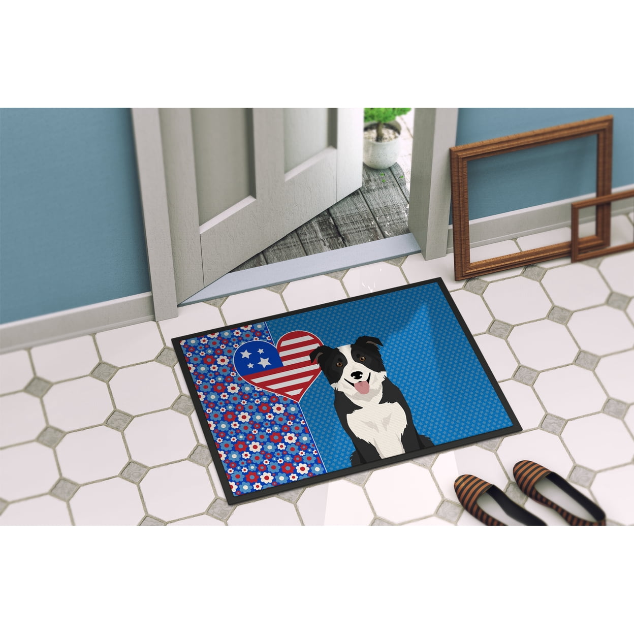 Black and White Border Collie USA American Indoor or Outdoor Mat 24x36