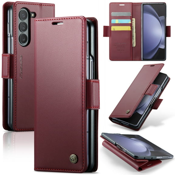 ELEHOLD Wallet Case for Samsung Galaxy Z Fold5 Premium Leather with RFID Blocking Function Card Slots Kickstand Magnetic Clasp Shockproof Cover for Men Women for Samsung Galaxy Z Fold 5,Wine
