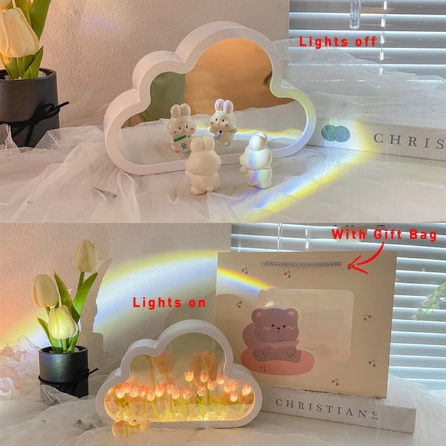 Espejo con Luces, Kit de Lámpara de Luz Nocturna de Nube Blanca de Tulipanes de Bricolaje con Espejo, Señal de Neón Led para Dormitorio, Decoración de Pared Y Regalos Románticos, Requiere 2 Baterías A