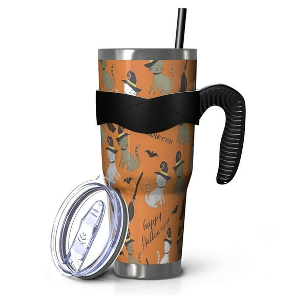 40oz Tumbler,Halloween Witch Cats Pattern Insulated Tumblers with Removable Handle,Stainless Steel Double Vacuum Coffee Tumbler Cup with Straw for Home,Office,Travel,Party