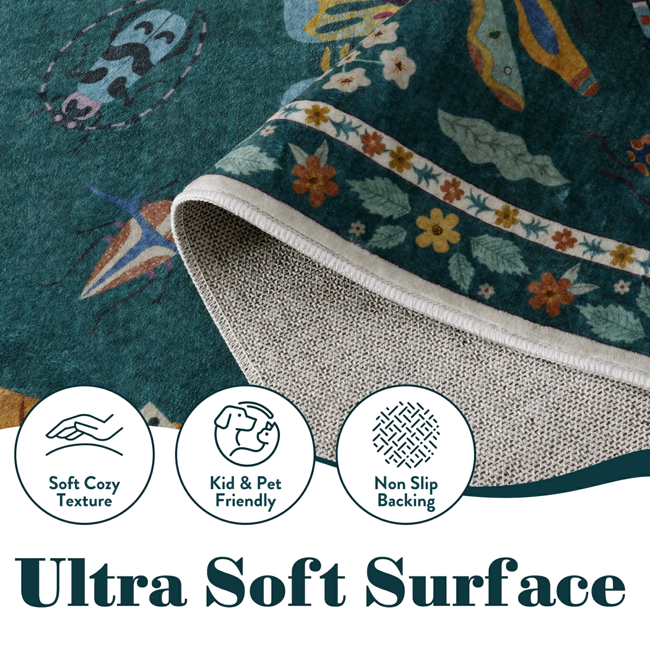Moynesa Insect 5'x7' Area Rugs Washable Rug for Living Room Soft Natural Bedroom Rug Bug Accent Carpet for Dining Room Nursery Office Stain Resistant Non Slip, Green