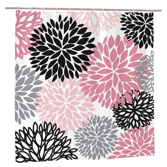 72x72 Inch Floral Shower Curtain, Pink Black Gray Abstract Flower Fabric Bathroom Curtain, Waterproof Wrinkle Resistant Durable Bath Curtain for Home Bathroom Decor
