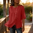 thumbnail image 4 of Mifsaly Vacation Tops for Women Button Down Short Sleeve Linen Shirts with Drawstring Hem Lightweight Flowy Loose Fit Textured Summer Boho Clothes Red,L, 4 of 7