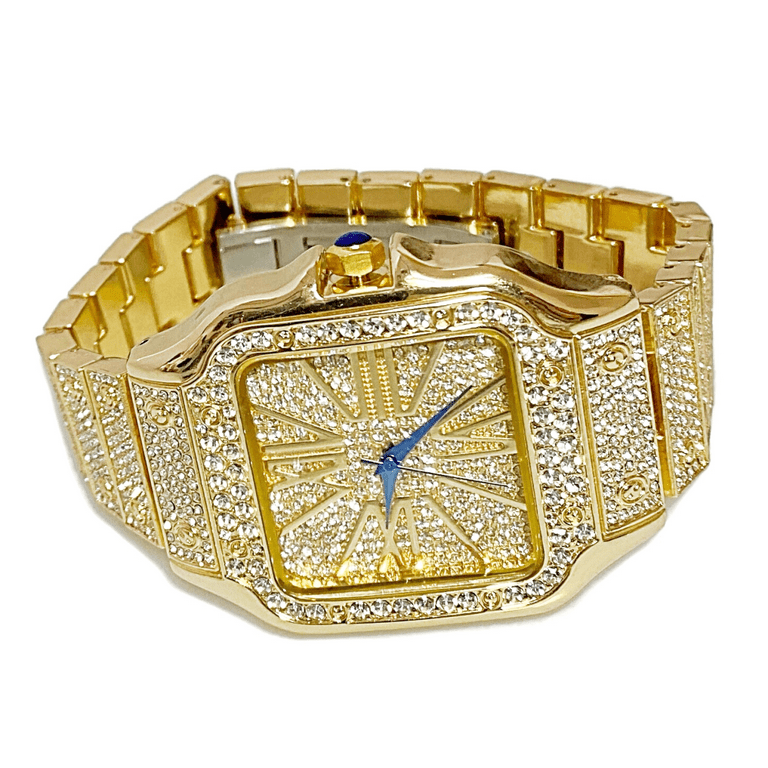 Mens Big Hip Hop Watch Square Face Blue Hands Iced Flooded