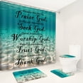 thumbnail image 2 of 4pcs Blue Sea Water Blessing Words Waterproof Insulation Home Decor Bathroom Shower Curtain with 12 Hooks Bathroom Non-slip Mat U-shaped Floor Mat and Round Toilet Seat Mat Bathroom Set All-scenario, 2 of 9