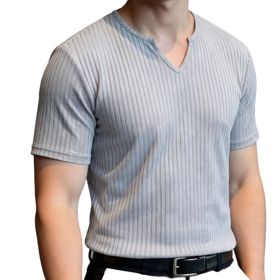 SCSAlgin Men's Ribbed Knit Notched V Neck Tees Casual Short Sleeve T Shirt Summer Basic Tops