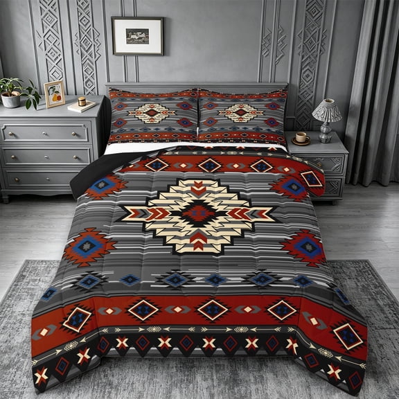 jejeloiu Bold Tribal Full Size Comforter Sets,Southwest Print Bedding Comforter Set For Boys,Red Gray,Black Reversible,3-Piece,1 Comforter and 2 Pillowcases