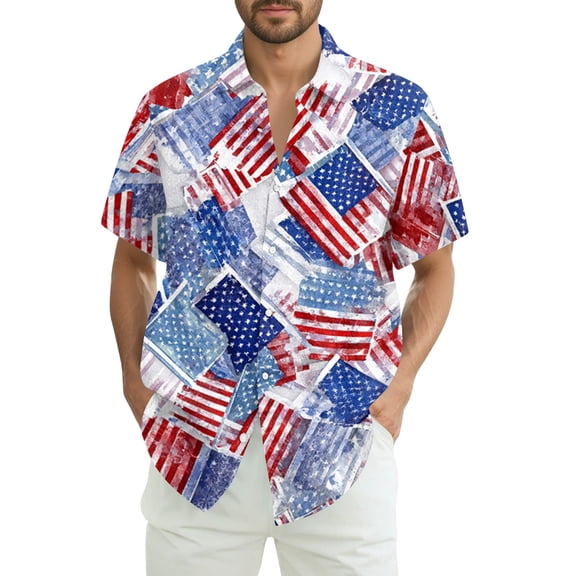 Hogleaql Funny Independence Day Pattern Hawaiian Shirts for Men 4th Of July American Flag Print Short Sleeve Patriotic Shirts Collared Button Fashion Hawaiian Casual Shirts for Men Watermelon Red M