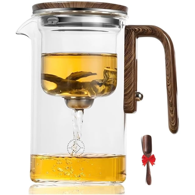 Tetera mágica Enchantipot, tetera mágica Enchantipot, tetera de vidrio con mango de madera y separación de agua, tetera mágica, tetera de vidrio con infusor, tetera de vidrio con colador