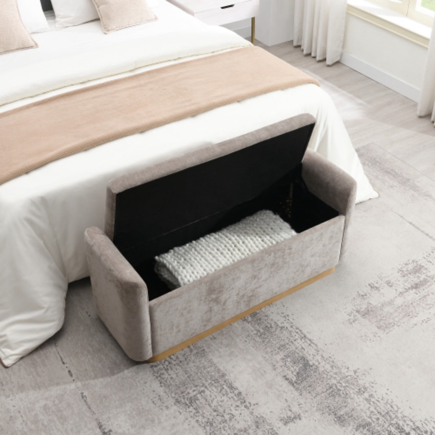 49" Storage Ottoman Bench with Safety Hinge, Upholstered Entryway Bench with Gold Metal Base, Bedroom Bench, Living Room Seating, Brown