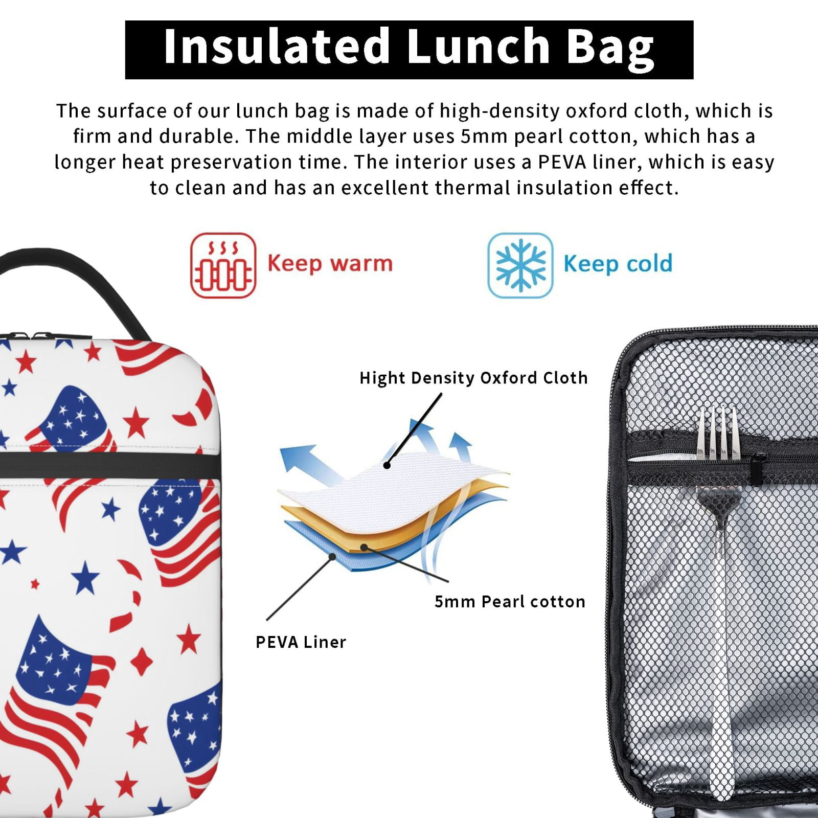 Lunch Bag For Women Men Insulated Portable Lunch Box Bento Box Office Picnic Travel Cooler Bag Independence Day Theme Star (13)