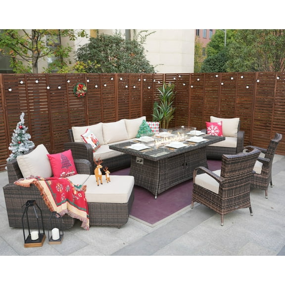 7-Piece Outdoor Furniture Set Fire Pit Dining Table with PE Wicker Sofa Set, Brown