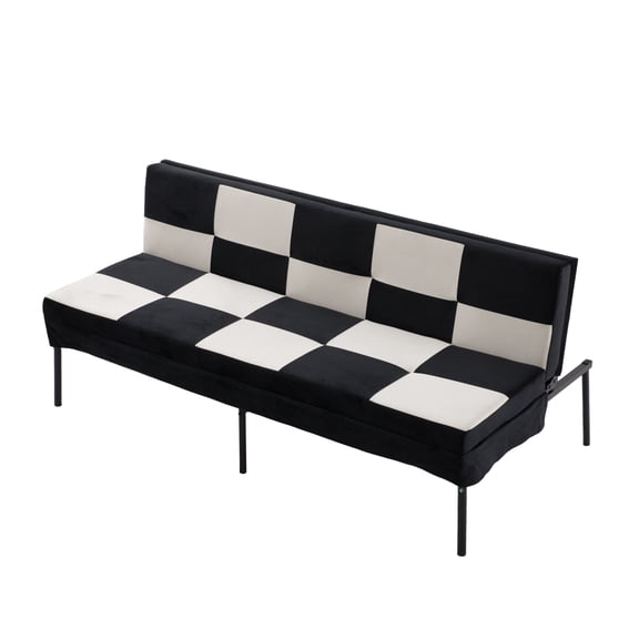 Black and White Velvet Convertible Futon, Twin Size Sleeper Sofa with 5 Adjustable Backrest Positions and 2 Pillows