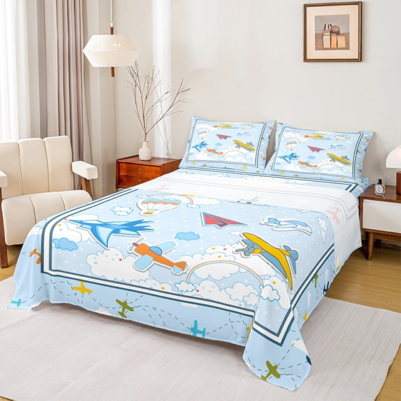 Homewish Cartoon Plane Twin Sheet Sets 3pcs for Kids Children Teens,Kawaii Aircraft Twin Fitted Sheet Microfiber,Transportation Theme Breathable Flat Sheet,Ultra Soft Home Decor