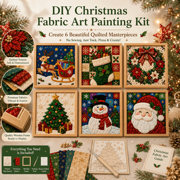DIY Christmas Fabric Art Painting Kit, No-Sew 3D Fabric Poke Craft Kit with Wooden Frame & Tools, Christmas Wall Art Decoration Set for Adults, Beginners, Holiday Gift