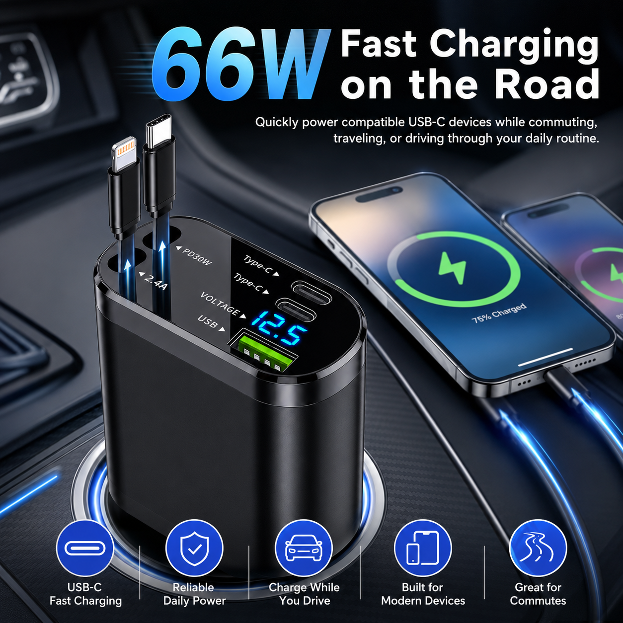 NIUTA 123W Dual USB-C Retractable Car Charger photo 4