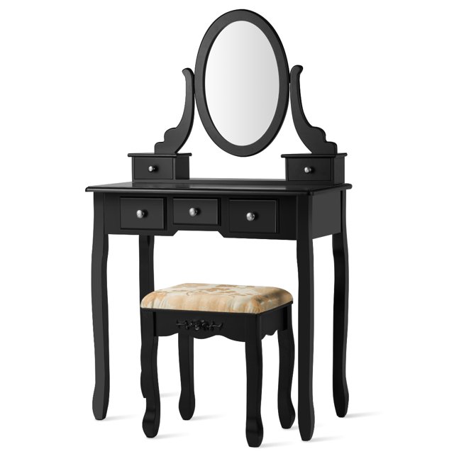 Patiojoy Vanity Table Set w/ 360�� Rotating Oval Mirror & Drawers Black