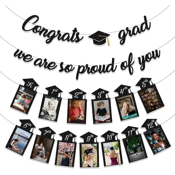 Graduation Decorations Class of 2025 Party Supplies - Congrats Grad, We are So Proud of You Banner and K-12th Grade Graduation Photo Banner (Pre-Strun