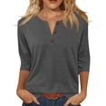thumbnail image 2 of Qwertyu Womens Tops 3/4 Length Sleeve V Neck Loose Casual Button T Shirts Summer Basic Tees Gray 3XL, 2 of 5