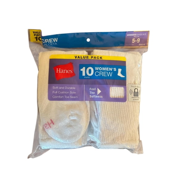 Hanes Women's Value Pack Crew Socks, 10-Pairs, WHITE, Shoe Size 5-9 Full Cushion