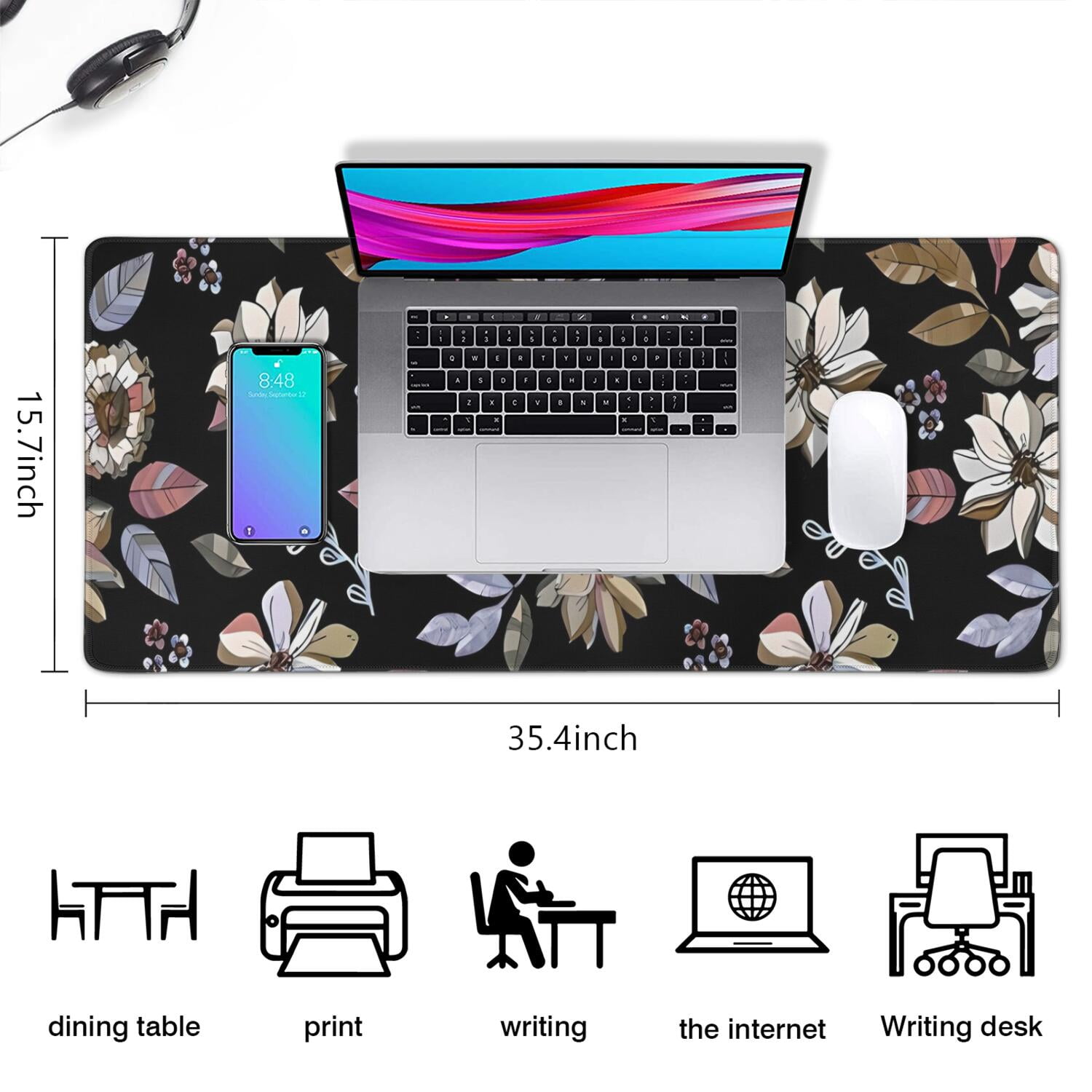 Long Mouse Pads for Desk,Pioneer Flower Floral Print Pattern Desk Mats on Top Of Desks, Desk Mouse Pad Extra Large with 3mm Non-Slip Base and Stitched Edge for Gaming,Office,Work,Home 35.4"x15.7"