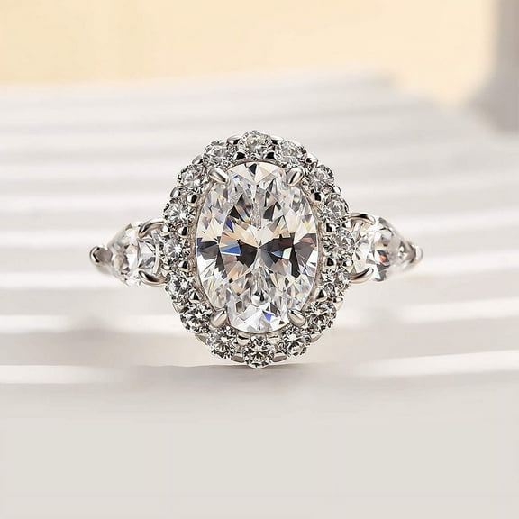 Dash Jewelry 14k White Gold Plated Wedding Ring - 1.9 Ct Oval Cut VVS1/D Moissanite Women's Engagement Ring - Floral Halo Solitaire with Accents Wedding Anniversary Ring for her