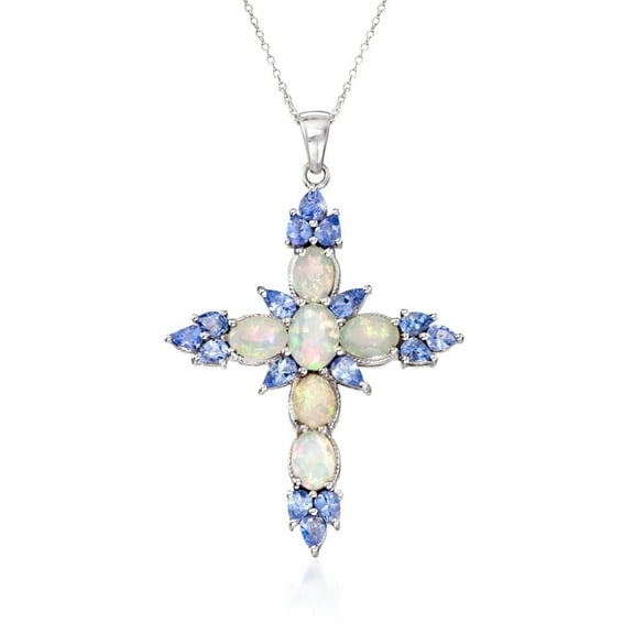 Ross-Simons Ethiopian Opal and 1.90 ct. t.w. Tanzanite Cross Pendant Necklace in Sterling Silver, Women's, Adult