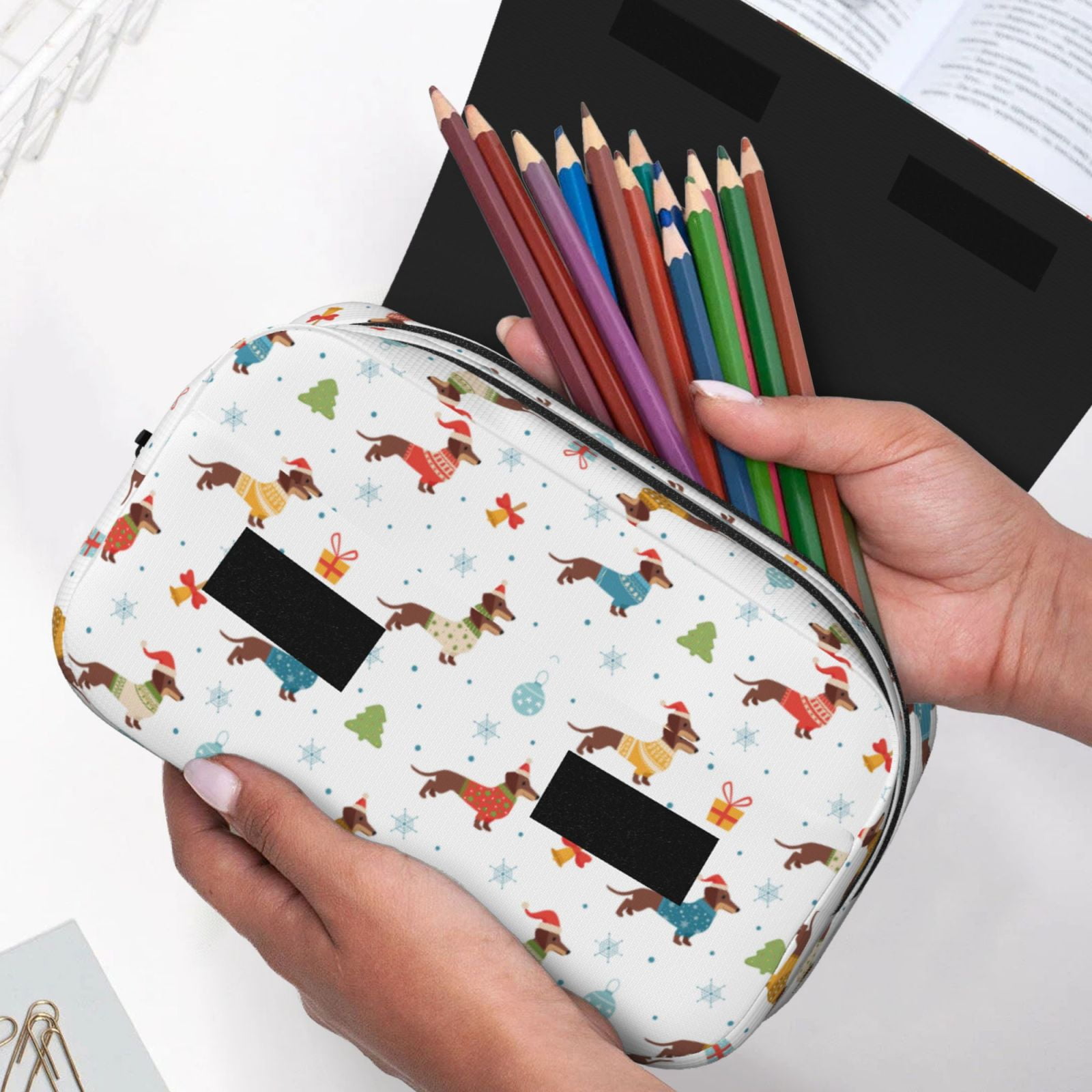 Rateoe winter Snowflake Dachshund Pattern Double Clamshell Pen Case, Storage Organizer with Two Zipper Compartments– Holds Up to 50 Pencils & Pens