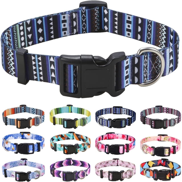 Collar para perro, diseño moderno con hebilla de liberación rápida, estilo bohemio, floral, geométrico, tribal, collar clásico, para perros pequeños, medianos y grandes (azul bohemio, S)