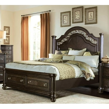 Traditional Chestnut Poster Queen Bed w/ Footboard Storage McFerran B146