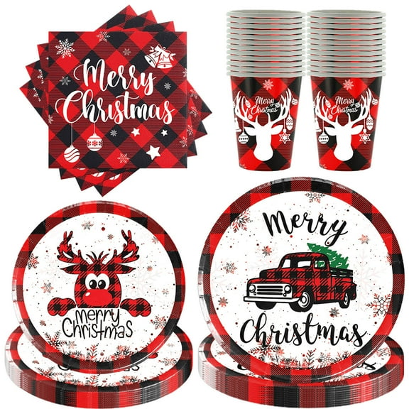 Christmas Party Supplies Red Buffalo Plaid 9'' Dinner Plates 7'' Dessert Plates and Napkins,Paper Cups for Merry Christmas Xmas Holiday Dinner Gifts Birthday Party Decoration