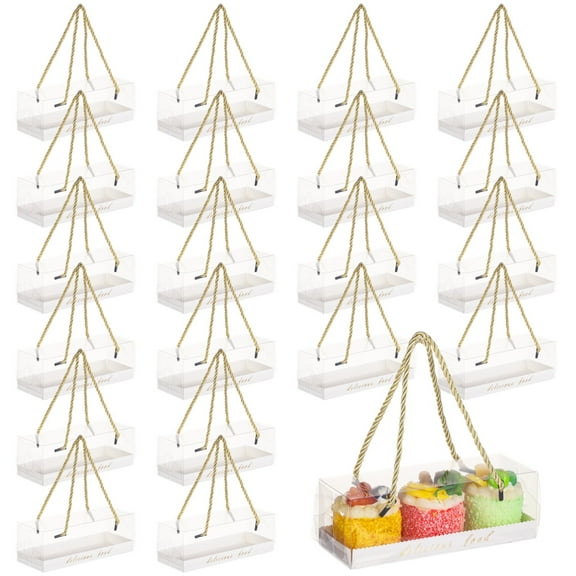 24 PCS Clear Dessert Boxes with Handles, Portable Transparent Macaron Cupcake Boxes, Bakery Cookie Present Containers for Party, Wedding, Display, Pastry Packaging, 7.3 x 2.6 x 2.6 in