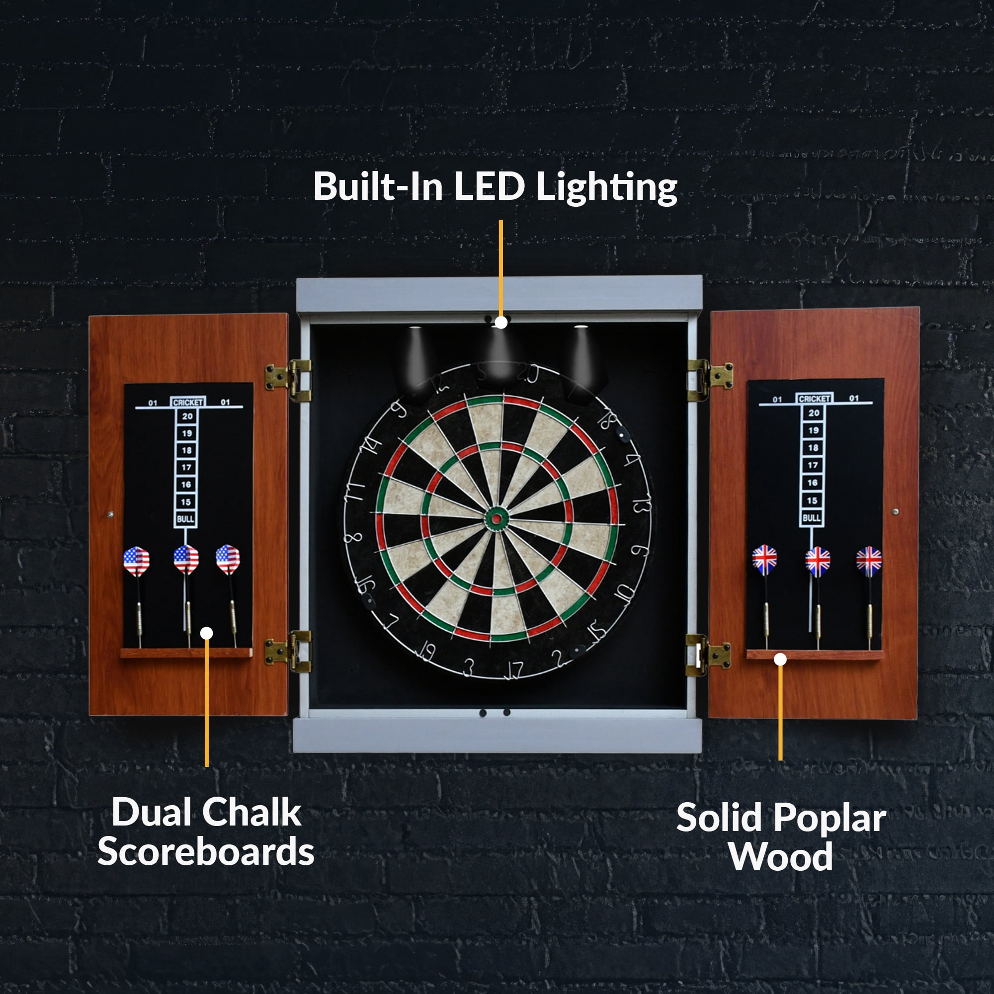 Hathaway Geneva Dartboard Cabinet with Integrated Lighting, Grain/Black/Gray