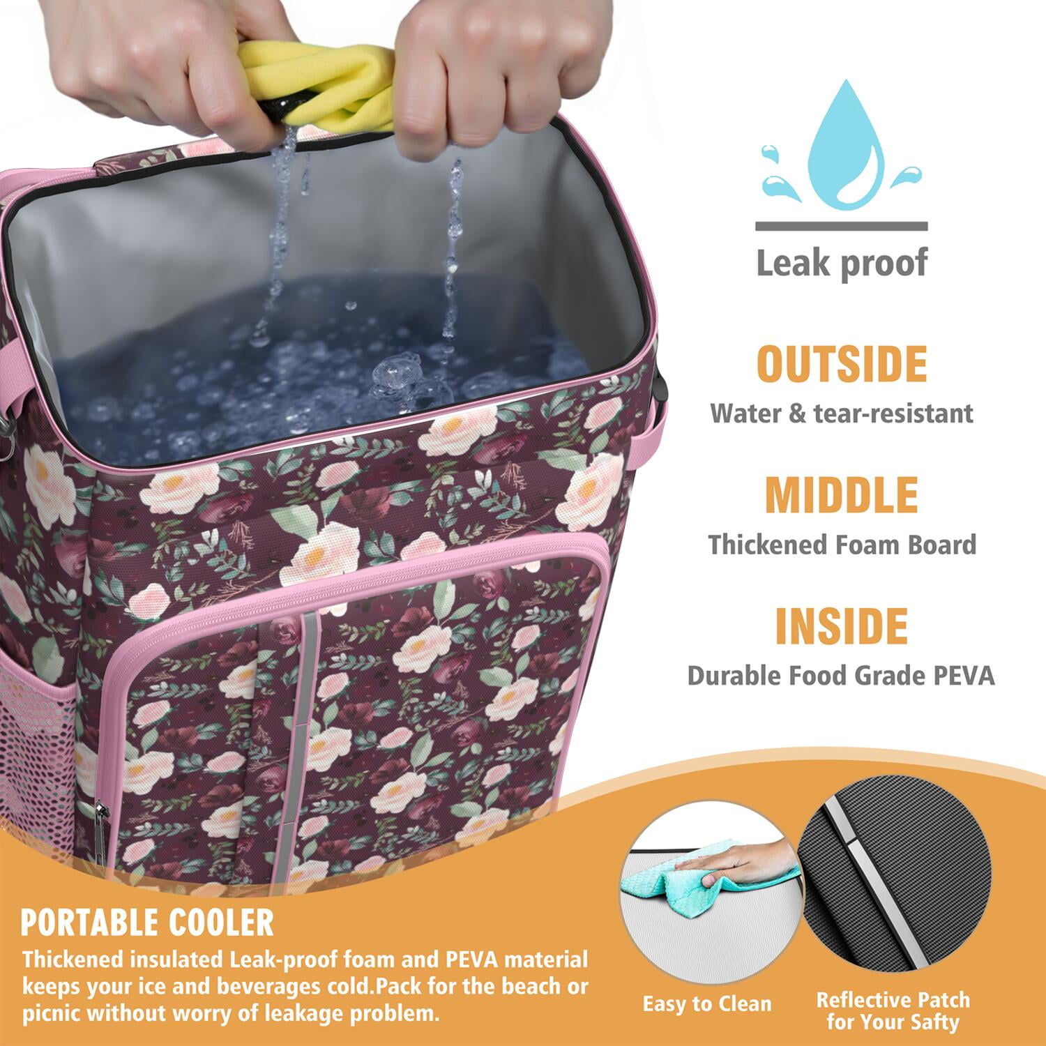 Travel Cooler Bag - Pioneer Flower Floral Print Pattern Camping Beer Cooler Backpack with Bottle Opener- Waterproof Insulated Picnic Backpacks - Cooler Bag for Beach
