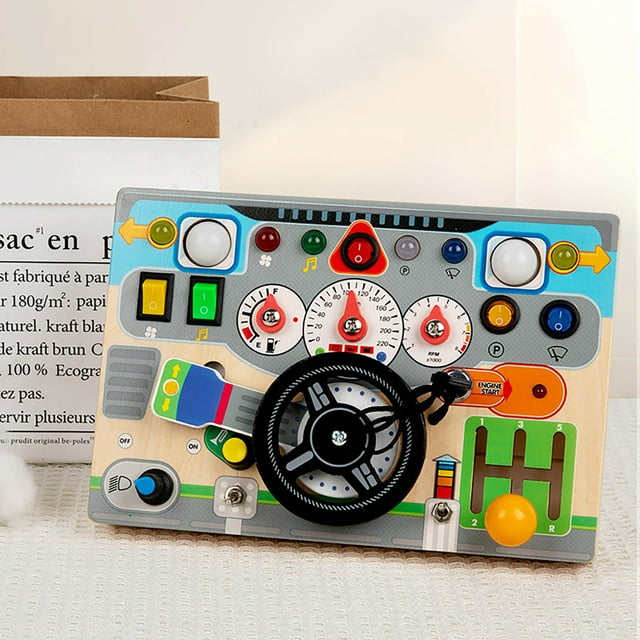 Volante electrónico con luces LED de madera para educación infantil, tablero de actividades, interruptores de enchufe, juguetes para manos