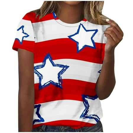 Summer Savings! Dianli American Independence Day Short Sleeve Womens Fashion Independent Day Print Tops Short Sleeve Workout Blouse Round Neck T-Shirt Tops Athletic Holiday Deals Workout XXL,12