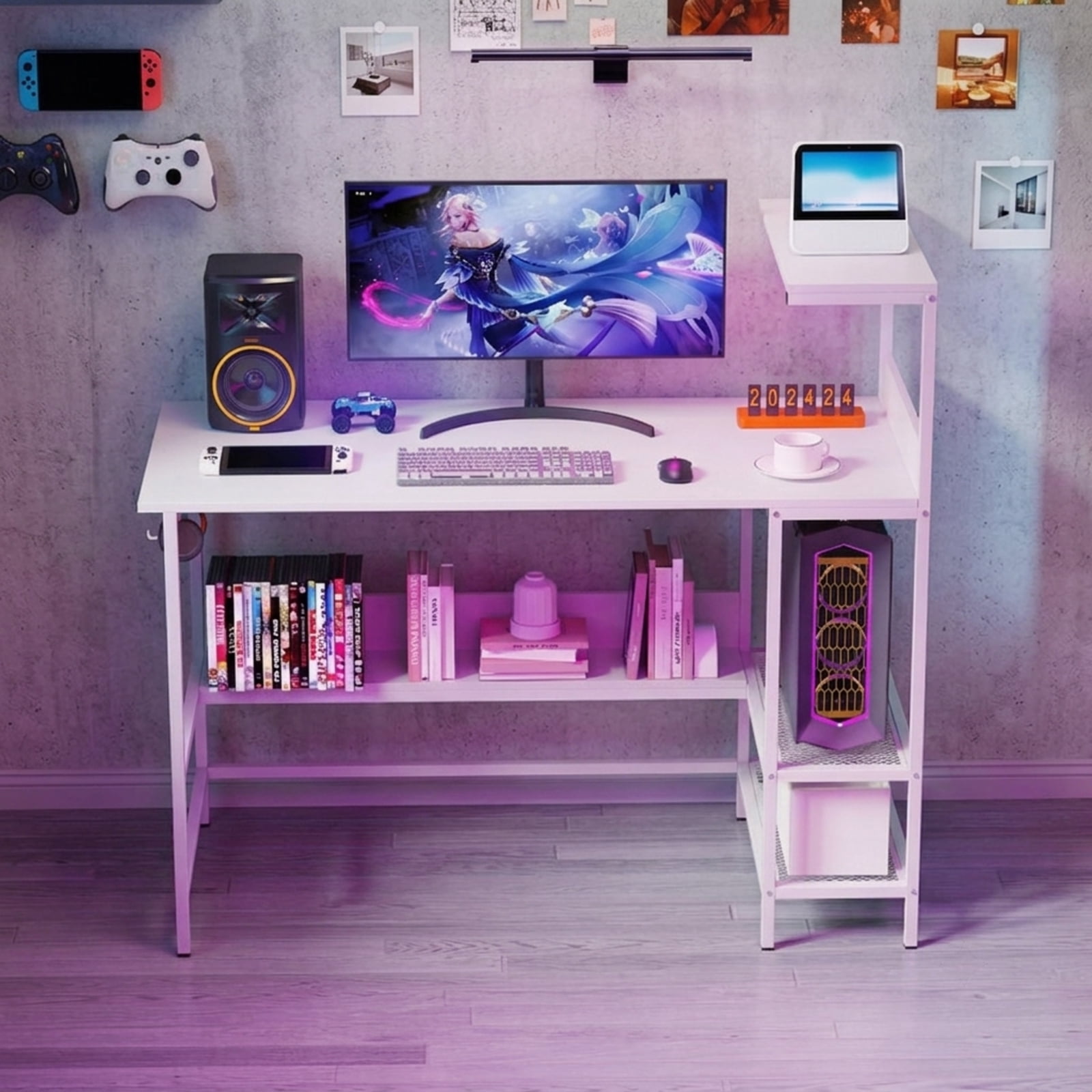 Furnibear 48 Inch Computer Desk Home Office Desk with Power Outlets and Storage Shelves for Study Workspace, White