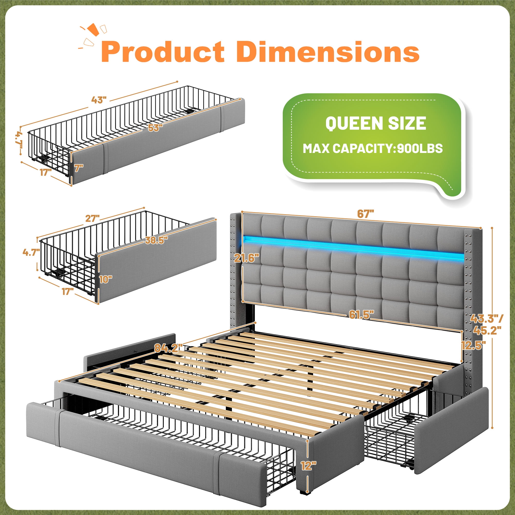 Queen Size Bed Frame with 3 Storage Drawers & LED Light Upholstered Bed Frame with Adjustable Headboard,Gray