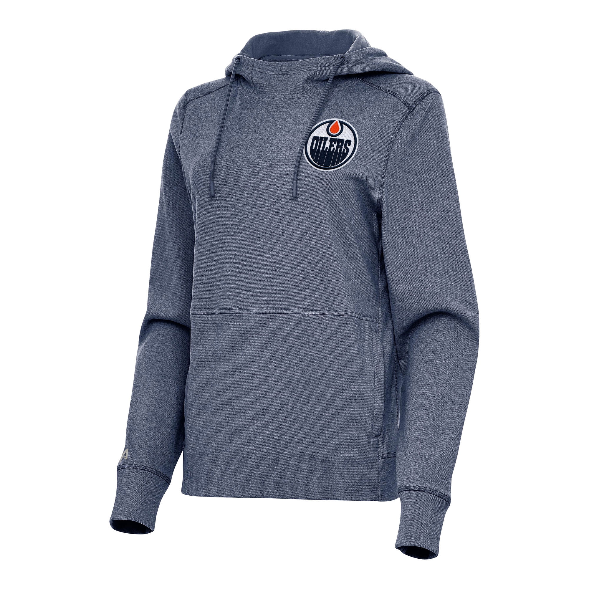 Women's Antigua Heather Navy Edmonton Oilers Justice Pullover Hoodie